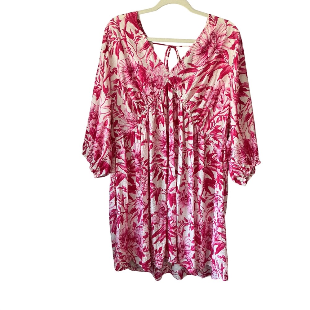 HM Pink White Floral V-Neck Empire Waist Tie Back Mini Dress XL